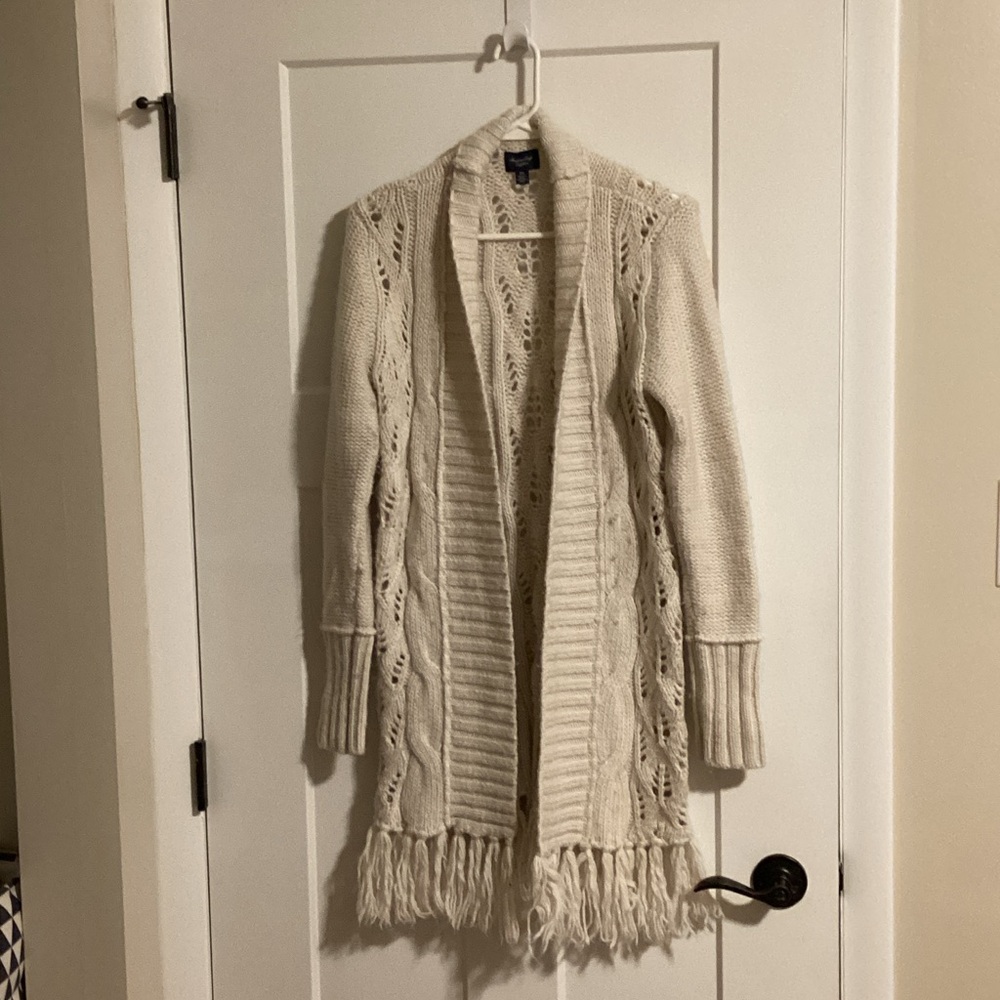 American Eagle Outfitters Cream Fringe Cardigan